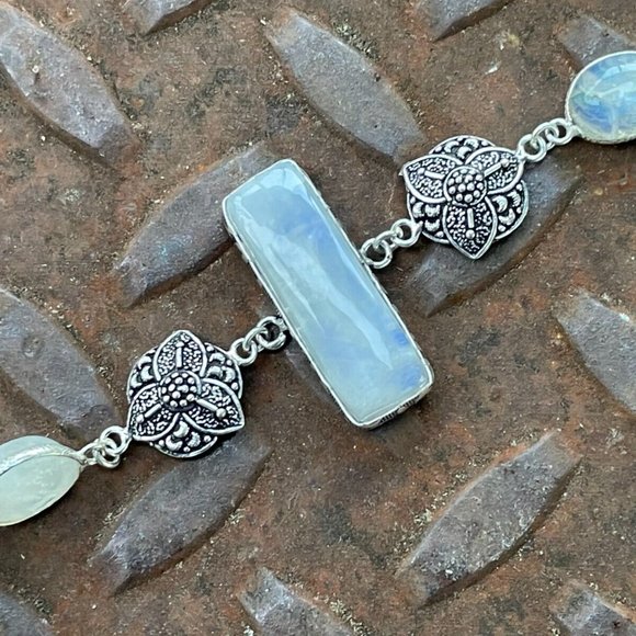 Women Handmade Bracelet Silver Tone Real Rainbow Moonstone Wrist Band Jewelry - Picture 6 of 12